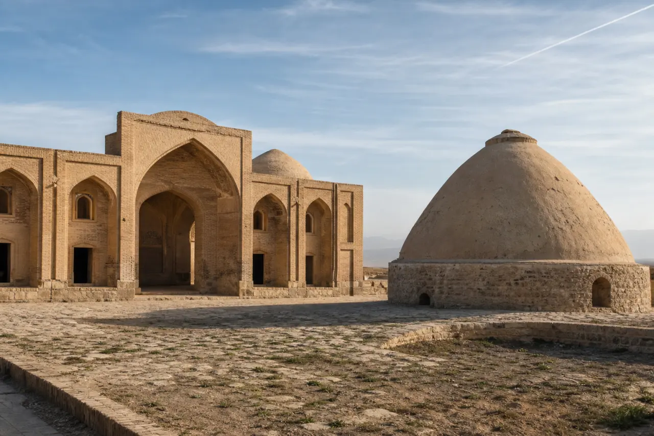 بازسازیِ تصویری از کاروانسرای صفوی آوه و آبانبار تاریخی کنار آن