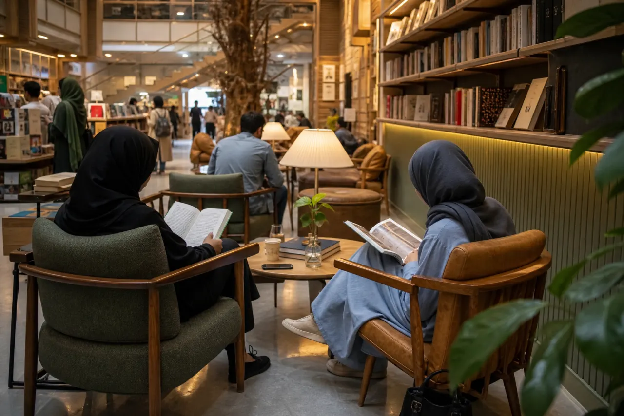 فضای مطالعه و انتخاب کتاب در یک کتابفروشی مشهد